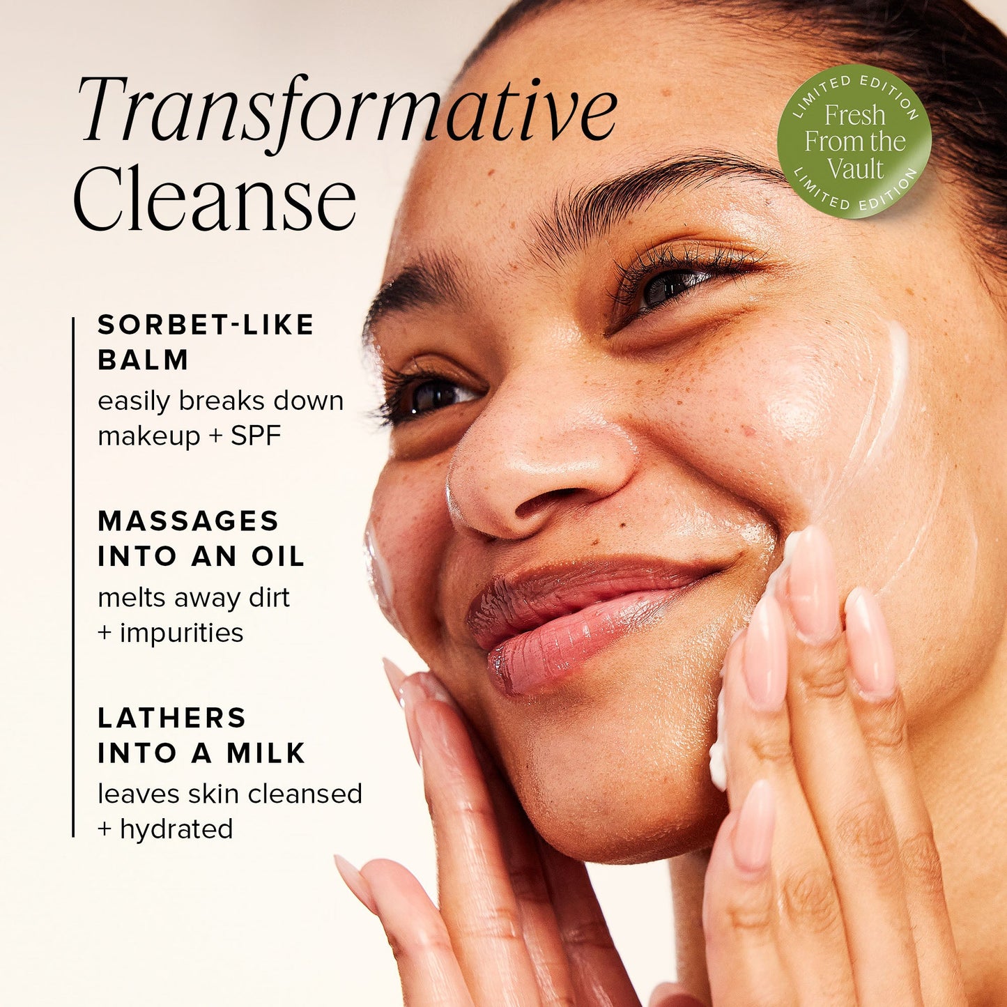 Woman applying skincare product with text about transformative cleanse on a beige background
