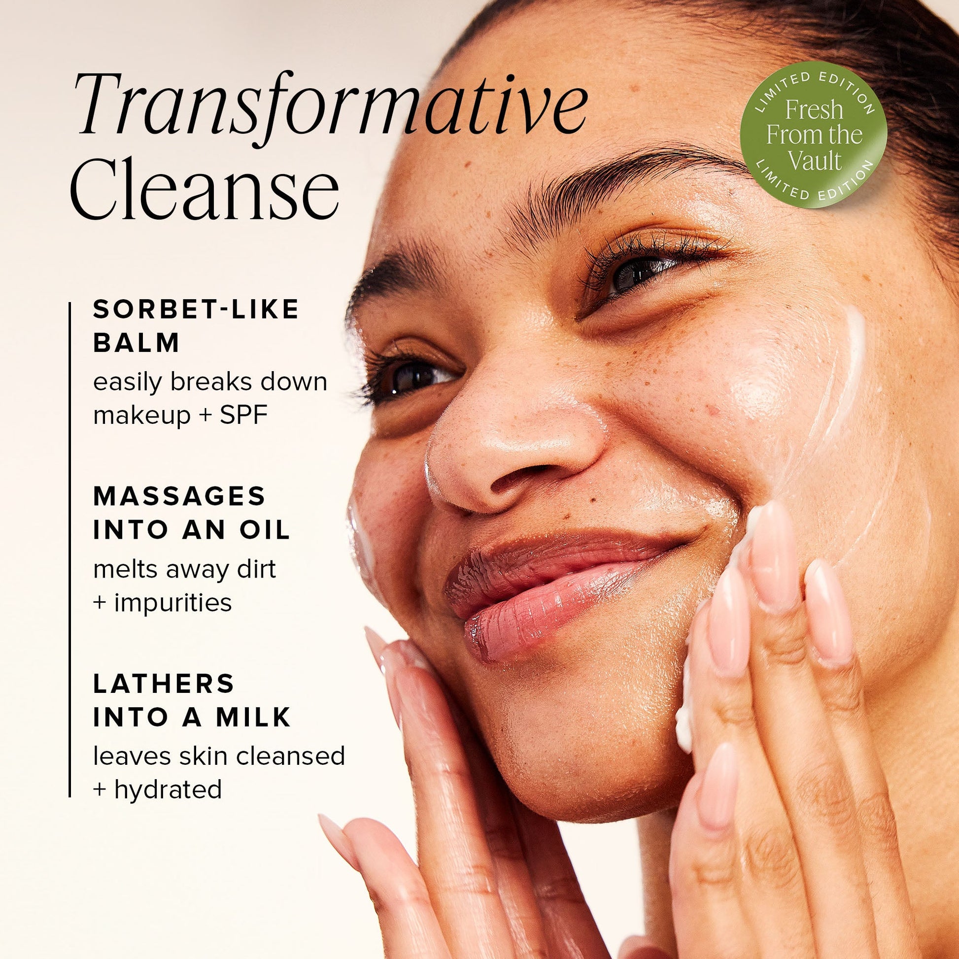 Woman applying skincare product with text about transformative cleanse on a beige background