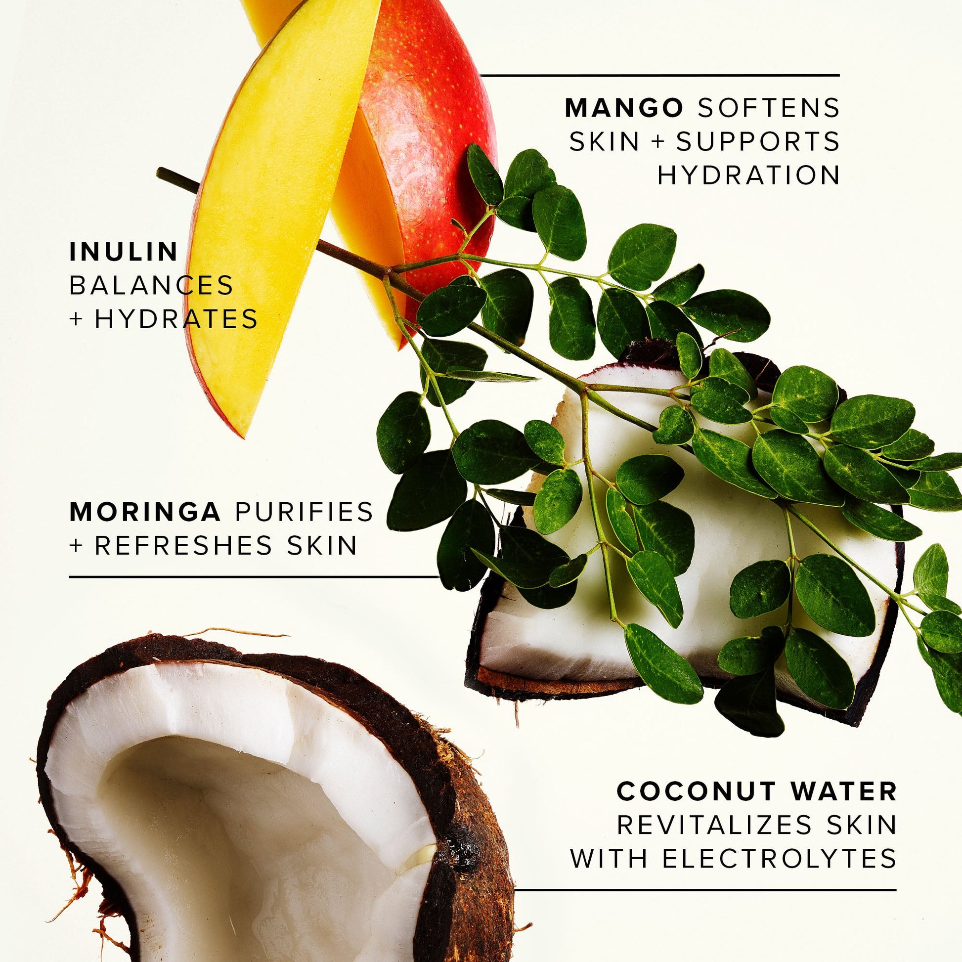 Fruits and coconut with text highlighting their skin benefits on a white background