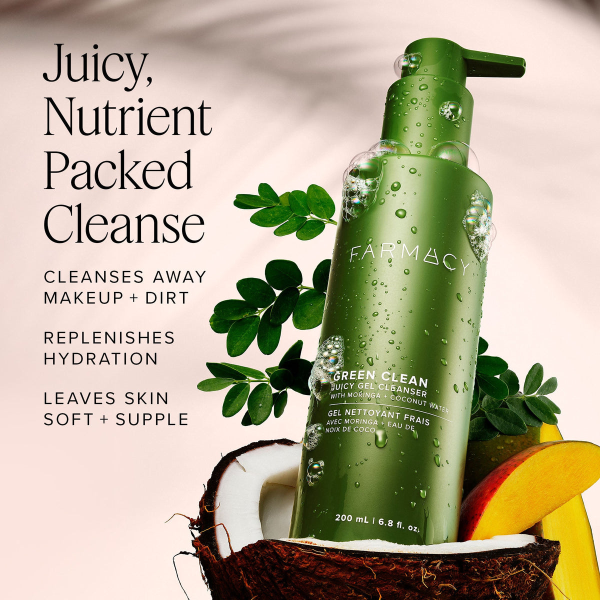 Green skincare product with text about its benefits on a light background