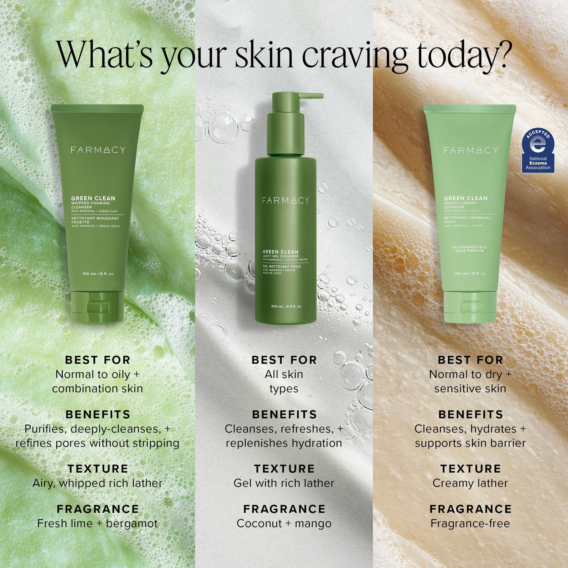 Farmacy Green Clean skincare products with text on skin care benefits and textures.