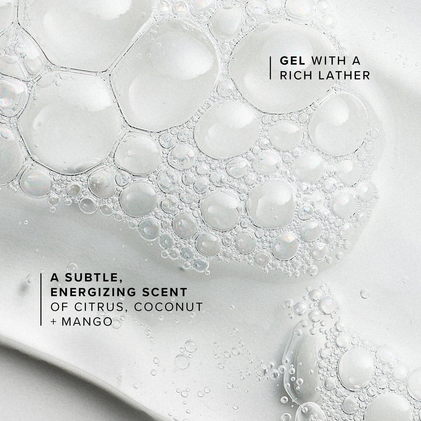 Close-up of a gel with bubbles and text describing its scent.