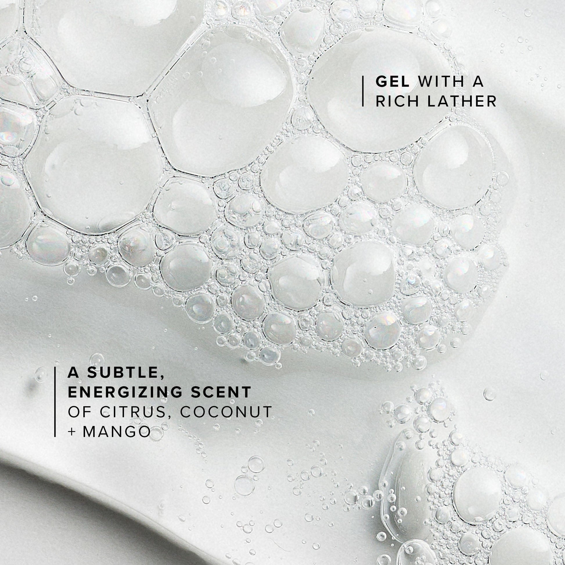 Close-up of a gel with bubbles and text describing its scent.