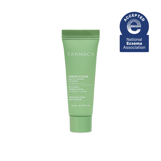 Green tube of Farmacy Green Clean Creamy Cleanser on a white background with National Eczema Association acceptance badge.