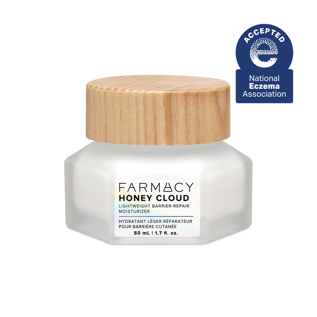 Farmacy Honey Cloud jar with wooden cap on a white background
